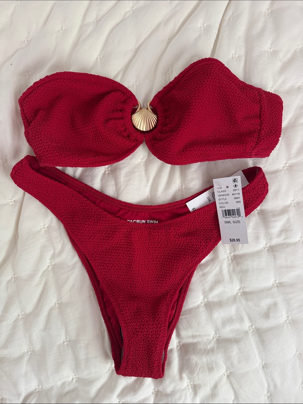 NWT PacSun Red Bandeau Bikini with Gold Shell Accent